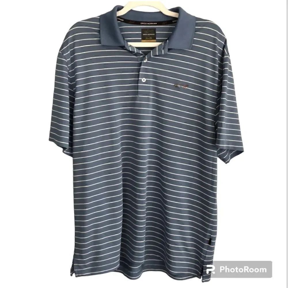 Greg Norman Blue striped Golf Shirt Mens Large